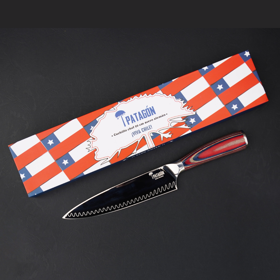 Cuchillo Medio Golpe Patagón Acero Alemán Viva Chile! hoja 20 cm onda pattern