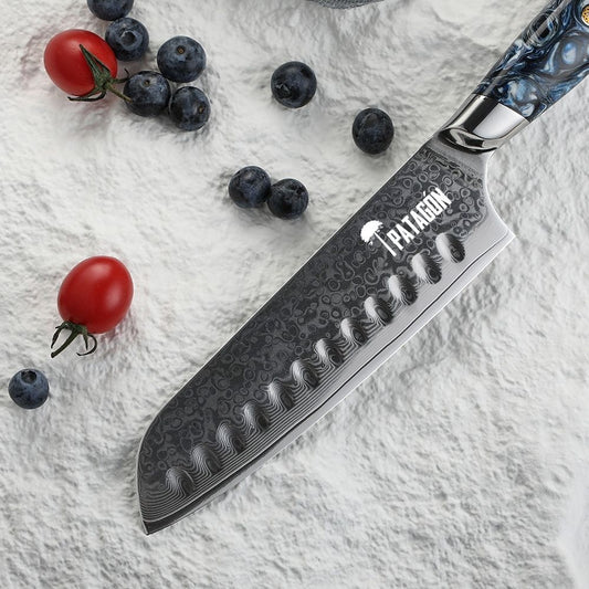 Cuchillo Santoku Acero Damasco 67 capas hoja 18 cm - GLACIAR