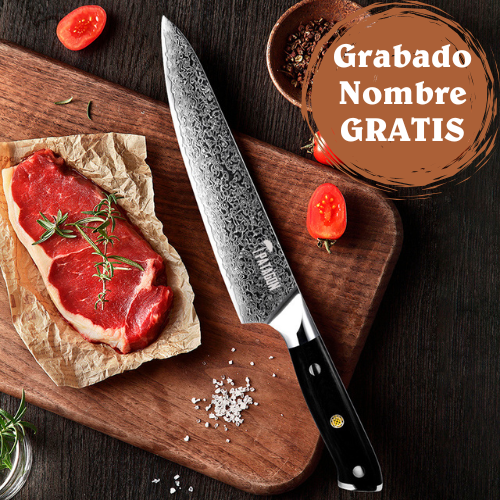 CARBÓN - Cuchillo Chef Acero Damasco 67 capas 20 cm PATAGÓN con caja regalo
