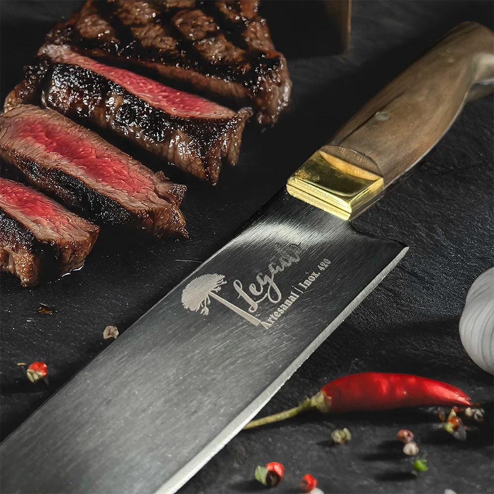 Cuchillo de asado artesanal acero Inox. hoja 20 cm LEGADO - HUEMUL - Cuchillos Mundo Patagon