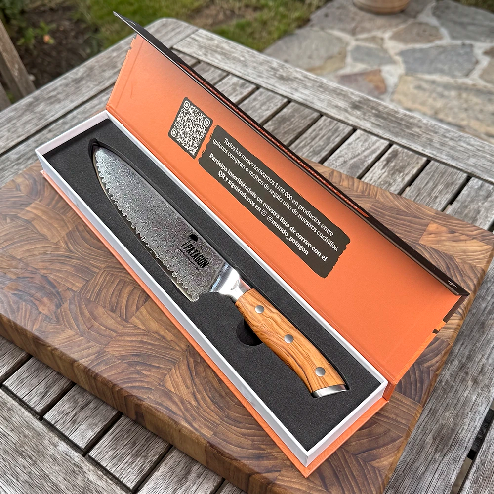 Cuchillo Parrillero Acero Damasco 67 capas - OLIVO GOTAS
