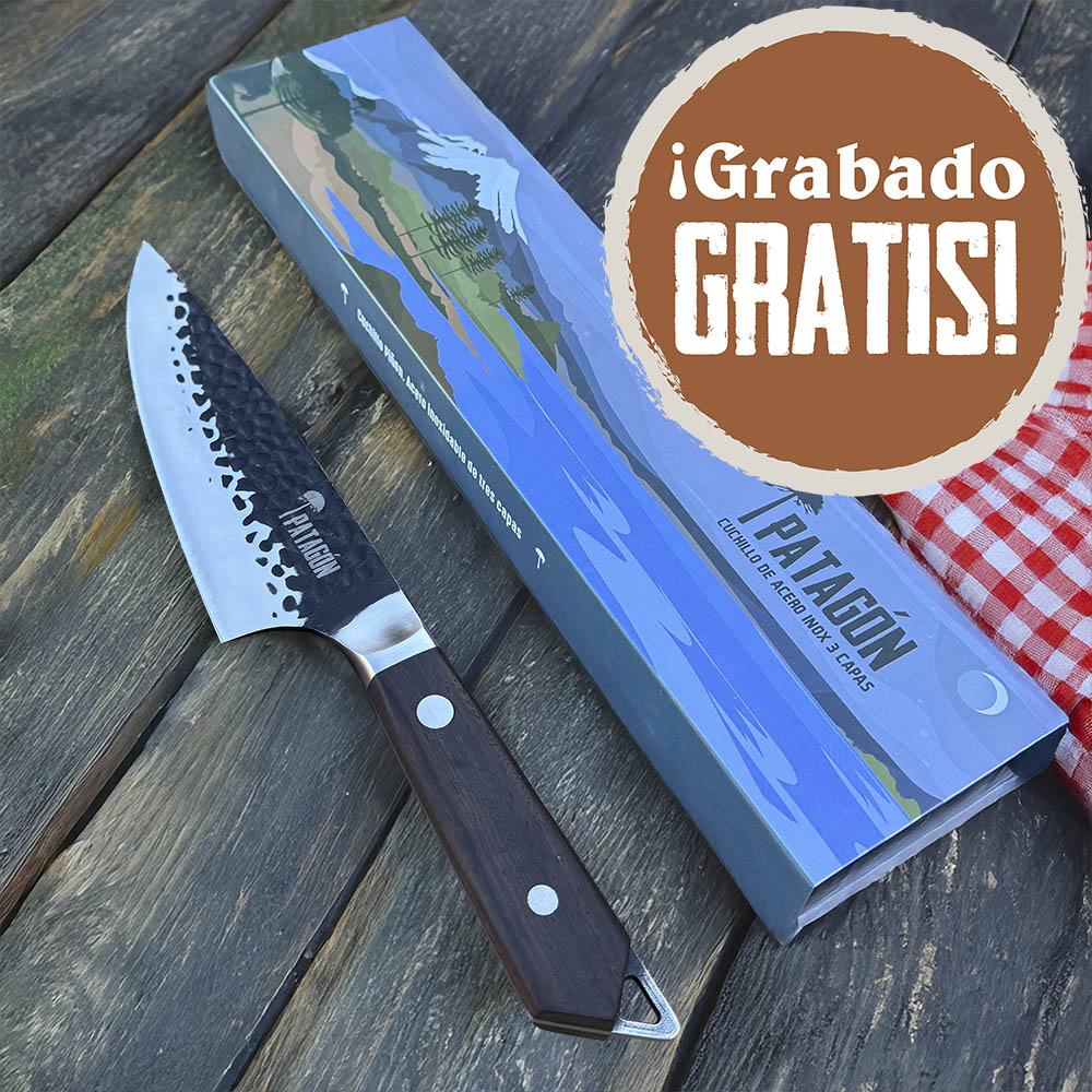 PIÑON - Cuchillo Parrillero inox. 3 capas hoja 20 cm Martillado PATAGÓN