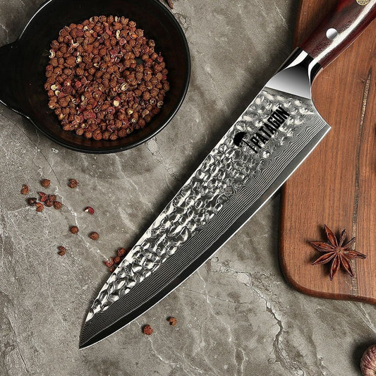 SÁNDALO MARTILLADO - Cuchillo Asador Acero Damasco 67 capas Hoja 20 cm PATAGÓN (7683999301734)