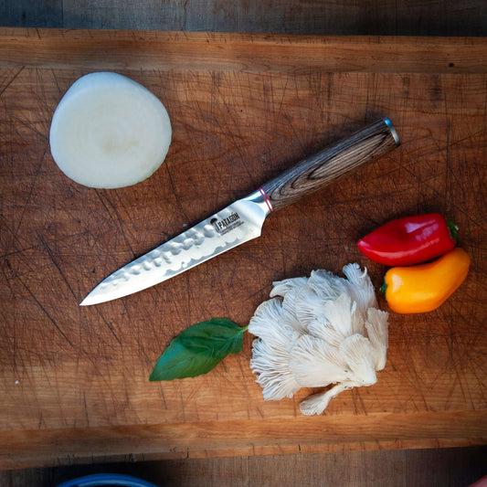 VIVA EL ASADO - Cuchillo Puntilla Acero 3 capas Martillado hoja 13 cm PATAGÓN Con Grabado GRATIS