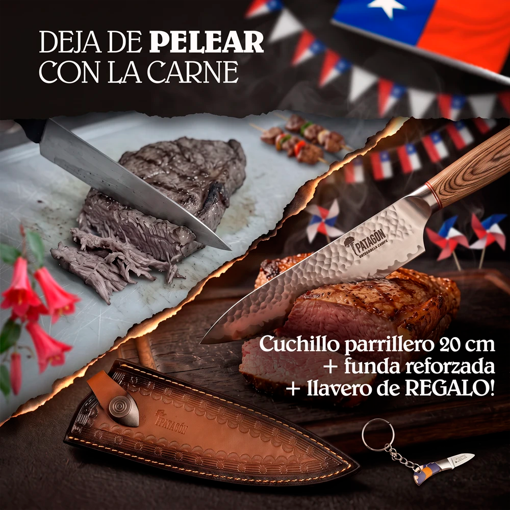 OFERTA 18CHERA! Cuchillo parrillero + funda reforzada PATAGÓN - VIVA EL ASADO + Cortapluma llavero mini