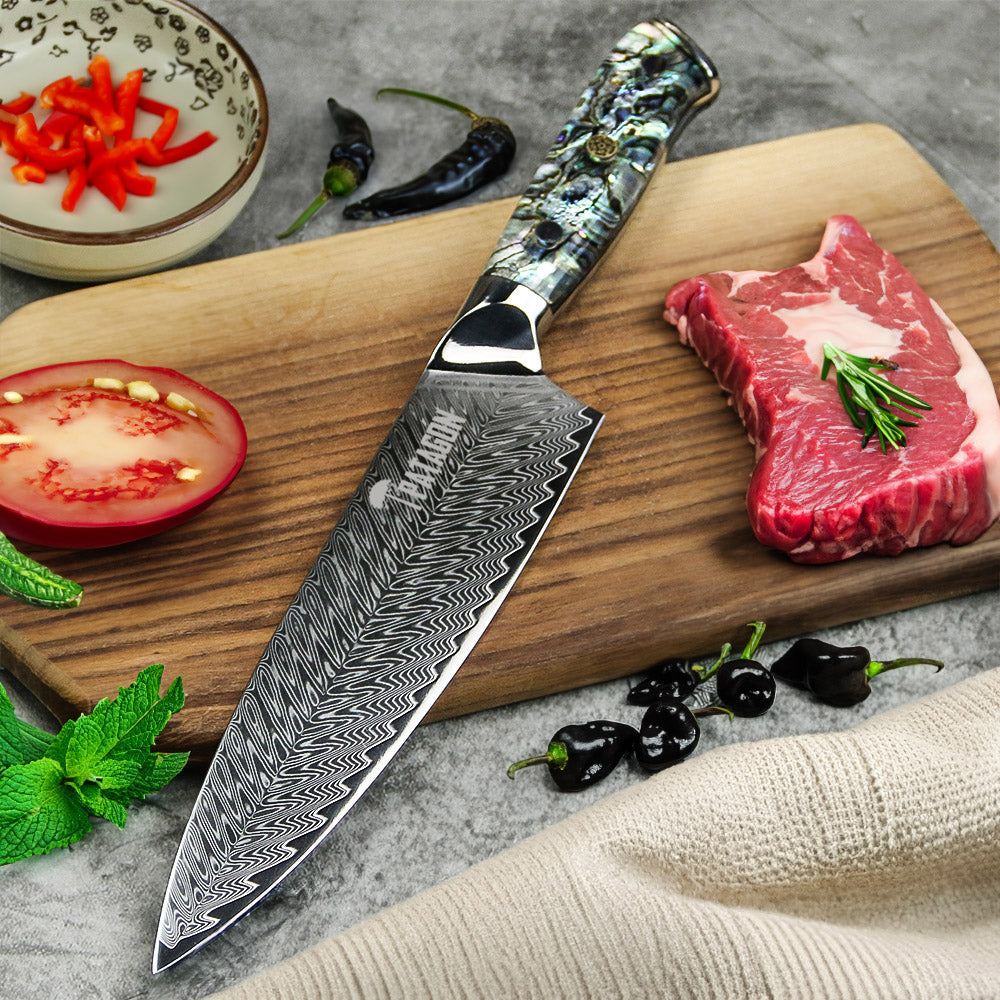 NÁCAR DEL PACÍFICO - Cuchillo Chef Damasco 67 capas Hoja 20 cm PATAGÓN