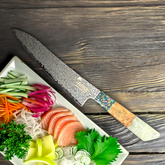 3 COLORES - Cuchillo Damasco 67 capas hoja 20 cm PATAGÓN (Blanco)