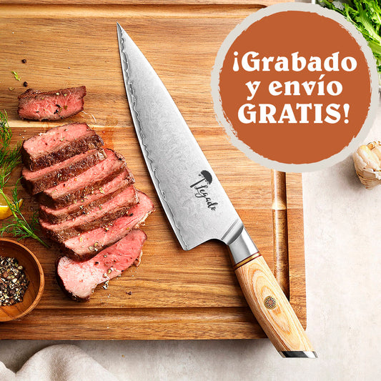 ANDES - Cuchillo Chef Asador hoja 21 cm Damasco 3 capas LEGADO + funda nogal GRATIS