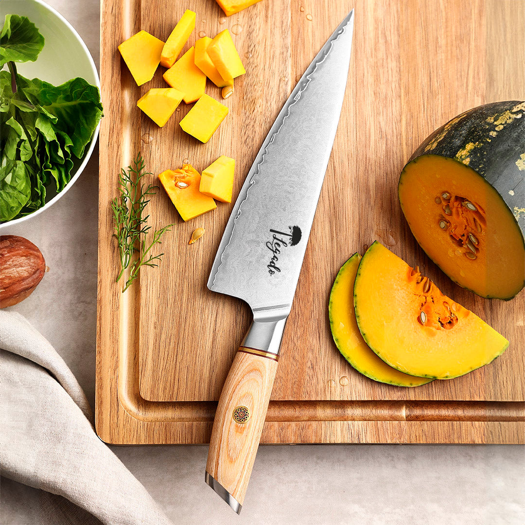 ANDES - Cuchillo Chef Asador hoja 21 cm Damasco 3 capas LEGADO + funda nogal GRATIS