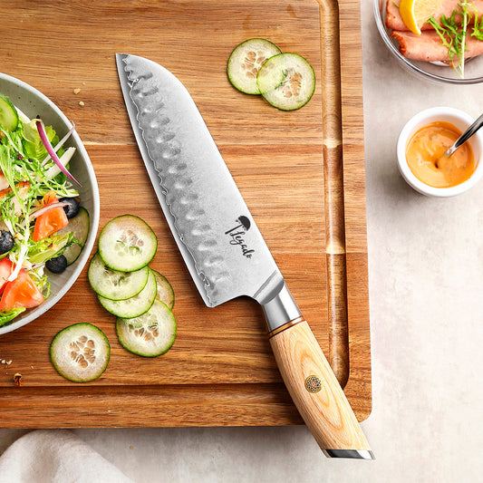 ANDES - Cuchillo Santoku Damasco 3 capas hoja 18 cm LEGADO + funda nogal GRATIS
