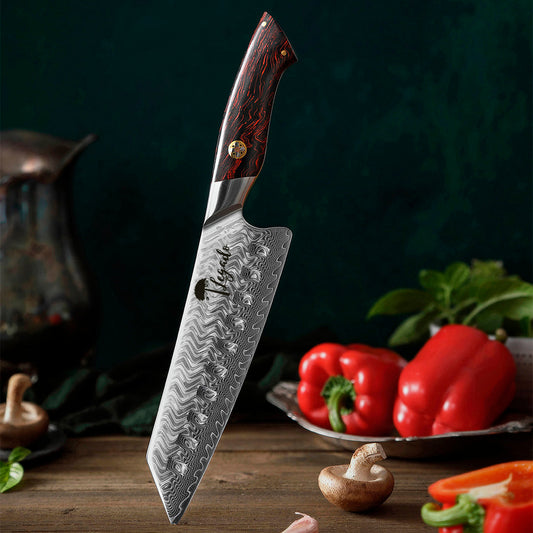 EN ERUPCIÓN lateral - Cuchillo Kiritsuke Damasco 73 capas hoja 18 cm LEGADO