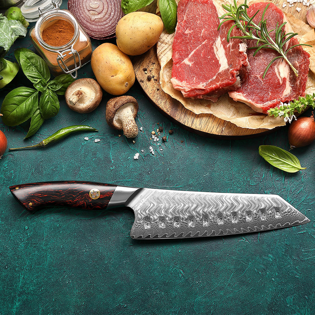 EN ERUPCIÓN lateral - Cuchillo Kiritsuke Damasco 73 capas hoja 18 cm LEGADO