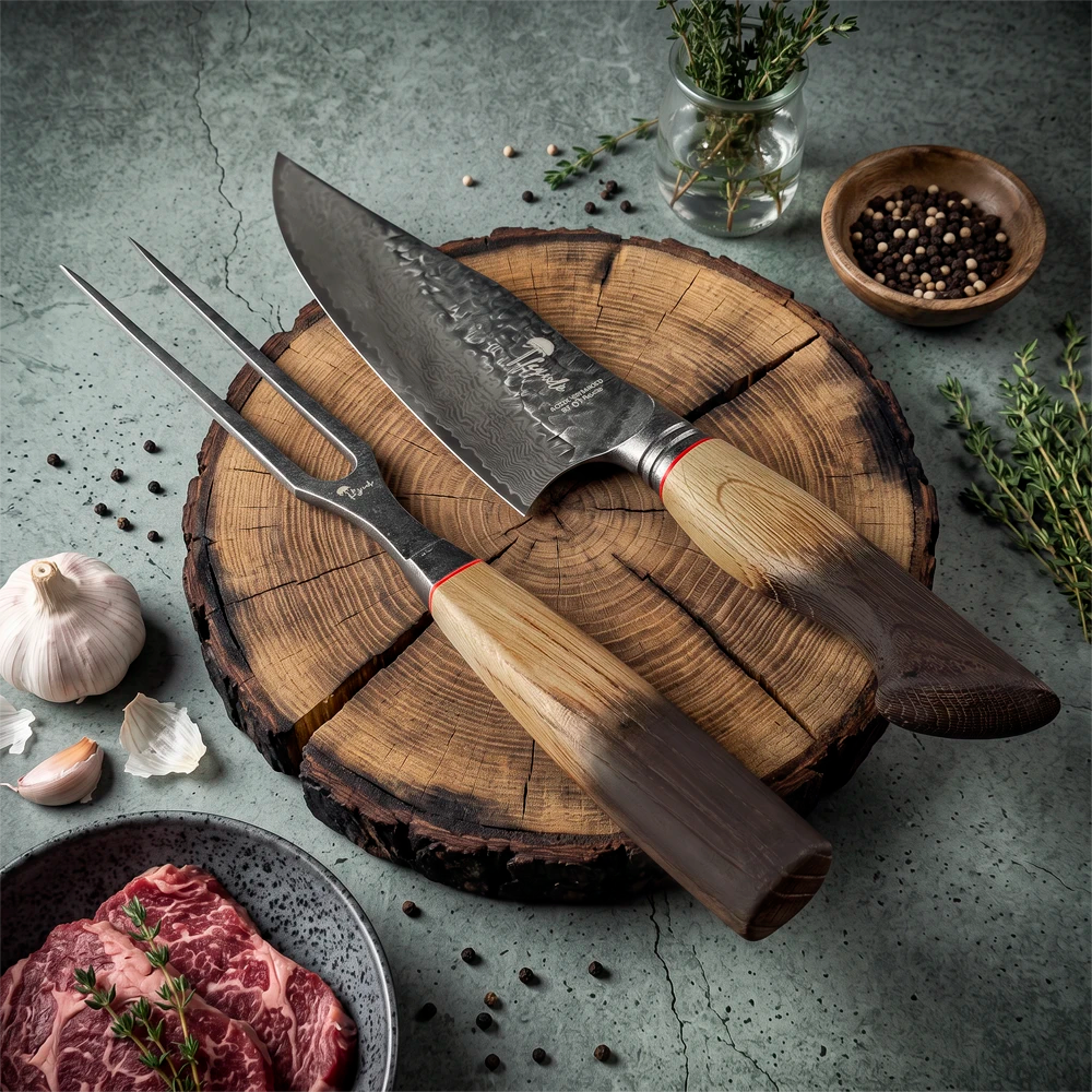 Set Cuchillo Parrillero Acero Damasco + Tenedor LEGADO - BESTIA