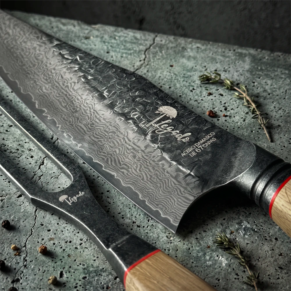 Set Cuchillo Parrillero Acero Damasco + Tenedor LEGADO - BESTIA
