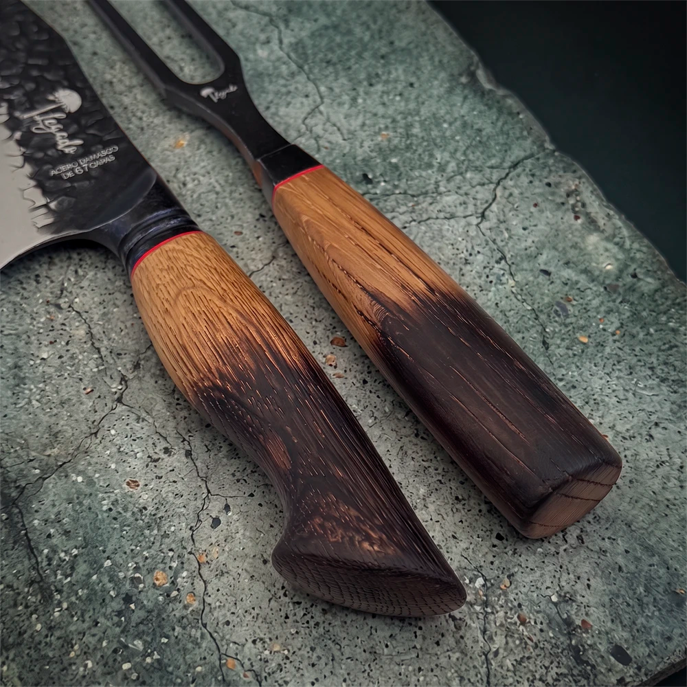 Set Cuchillo Parrillero Acero Damasco + Tenedor LEGADO - BESTIA