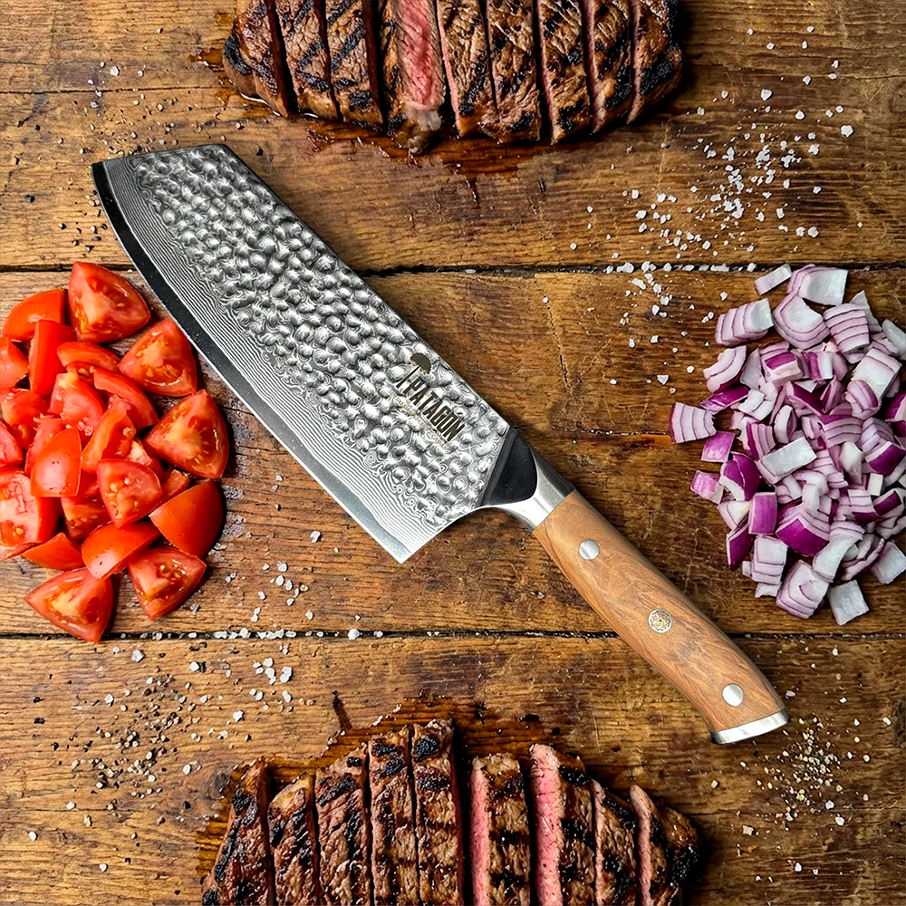 Hacha Acero Damasco 67 capas Patagón - Olivo Martillado