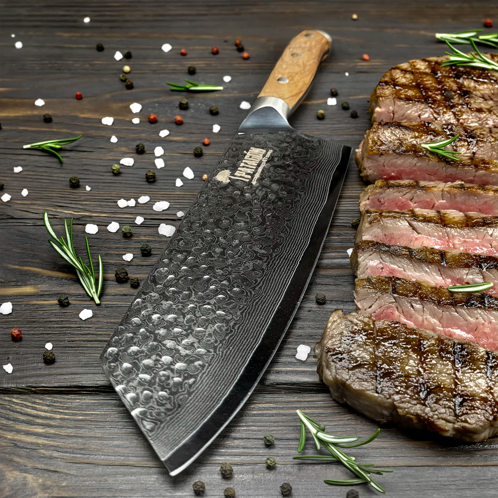 Hacha Acero Damasco 67 capas Patagón - Olivo Martillado