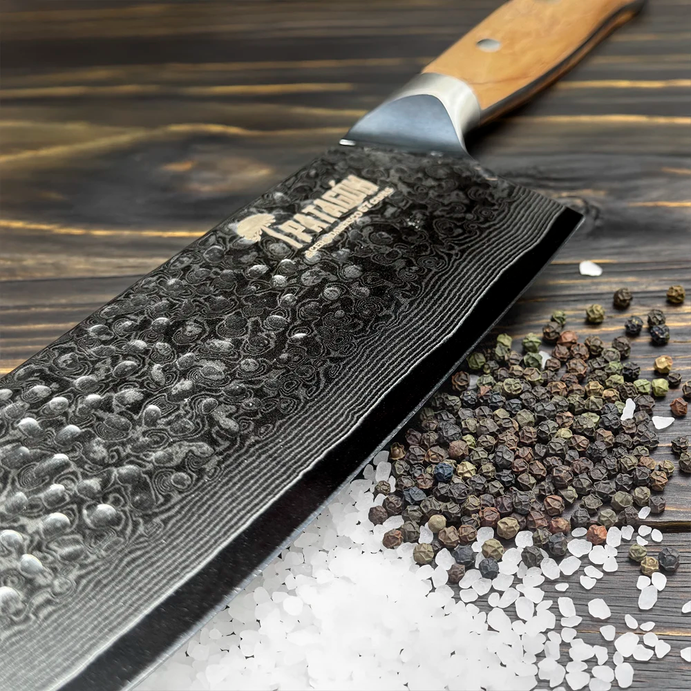 Hacha Acero Damasco 67 capas Patagón - Olivo Martillado