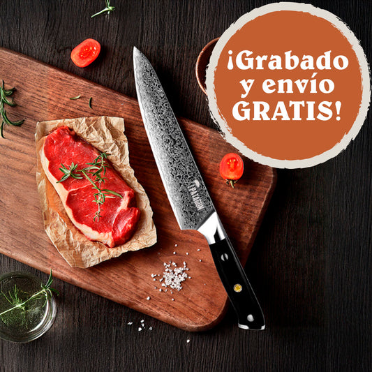 CARBÓN - Cuchillo Chef Acero Damasco 67 capas 20 cm PATAGÓN con caja regalo