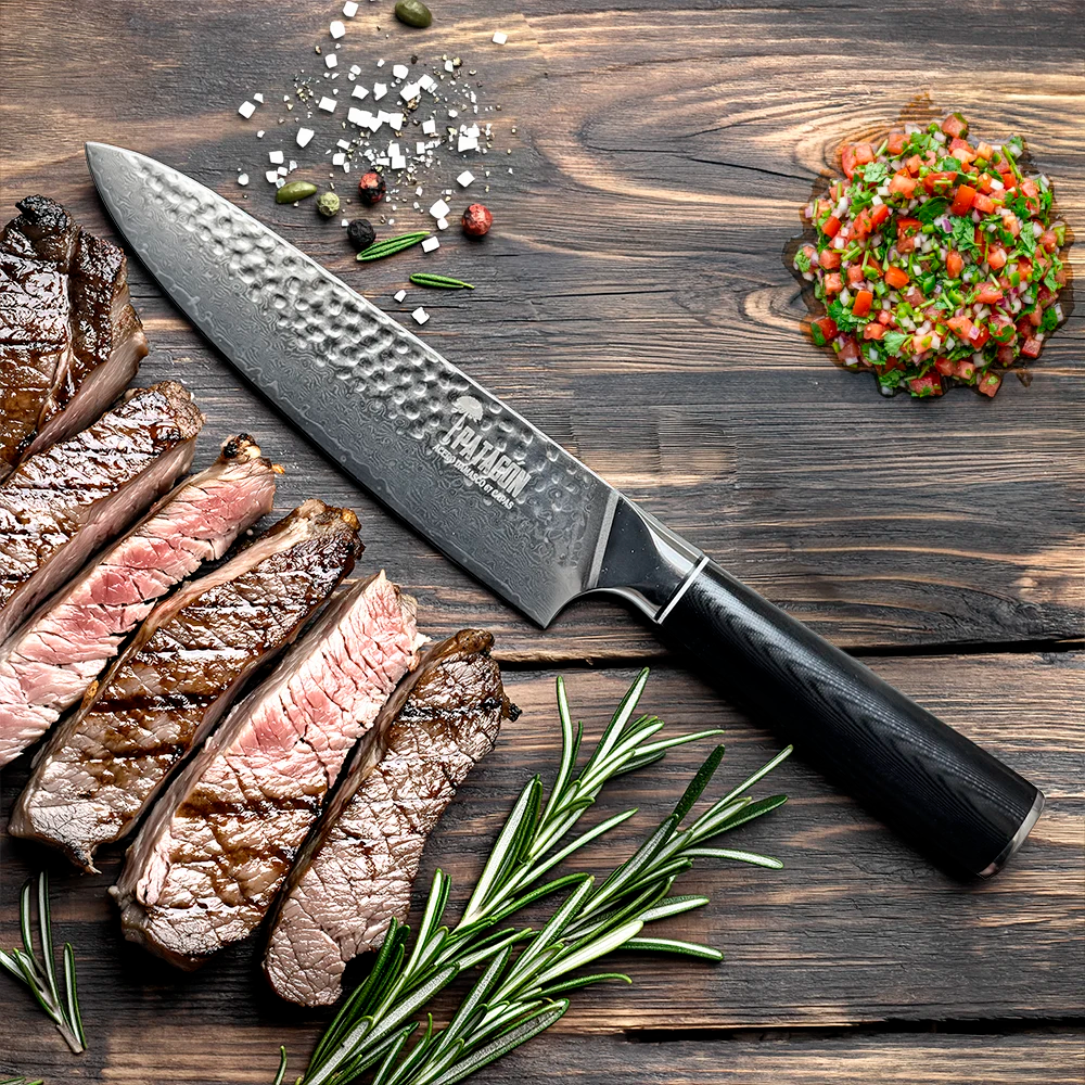 Cuchillo Chef Damasco 67 capas hoja 20 cm PATAGÓN - CARBONO MARTILLADO