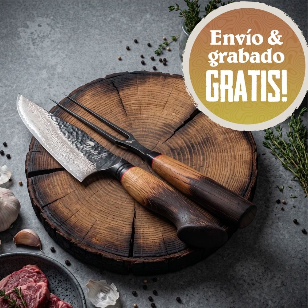 Set Cuchillo Parrillero Acero Damasco + Tenedor LEGADO - BESTIA