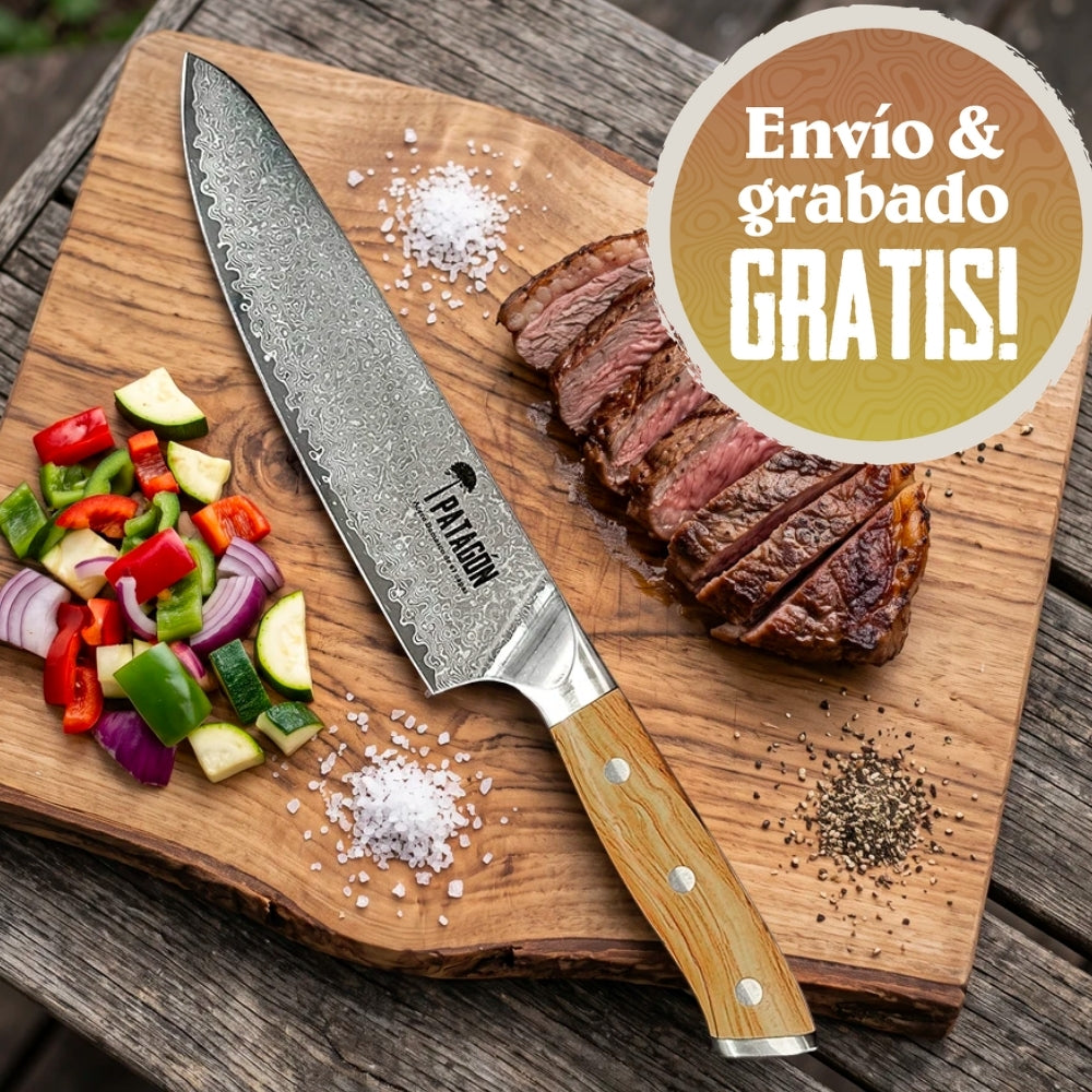 Cuchillo Parrillero Acero Damasco 67 capas - OLIVO GOTAS