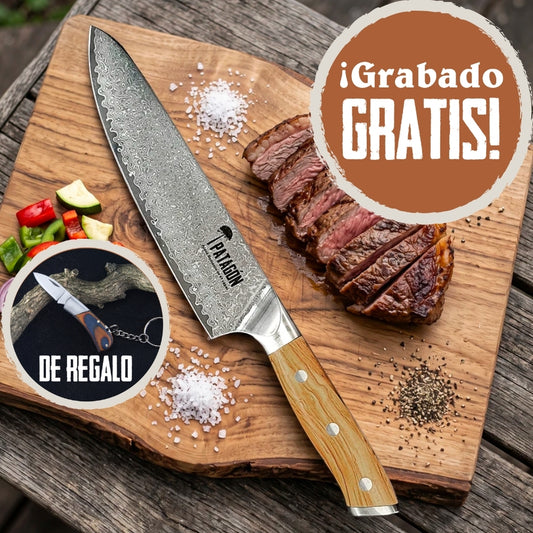 OFERTA 18CHERA: Cuchillo Parrillero Acero Damasco 67 capas - OLIVO GOTAS + Cortapluma llavero de regalo