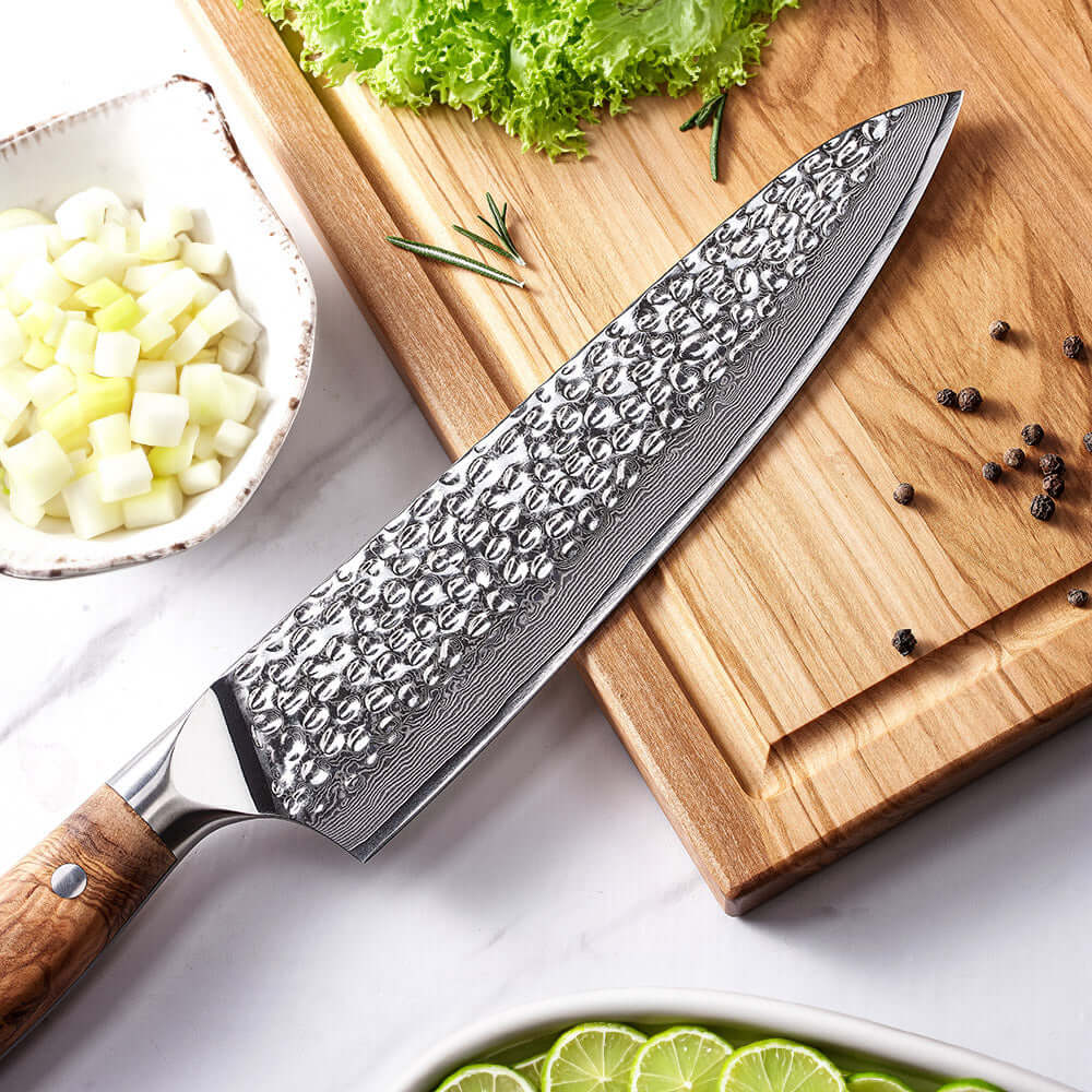 Cuchillo Asador Acero Damasco 67 capas PATAGÓN - OLIVO MARTILLADO Sin Grabado (7390549082214)