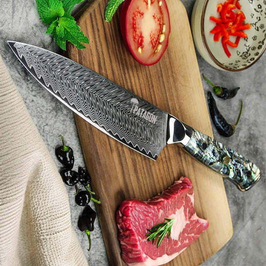 NÁCAR DEL PACÍFICO - Cuchillo Chef Damasco 67 capas Hoja 20 cm PATAGÓN