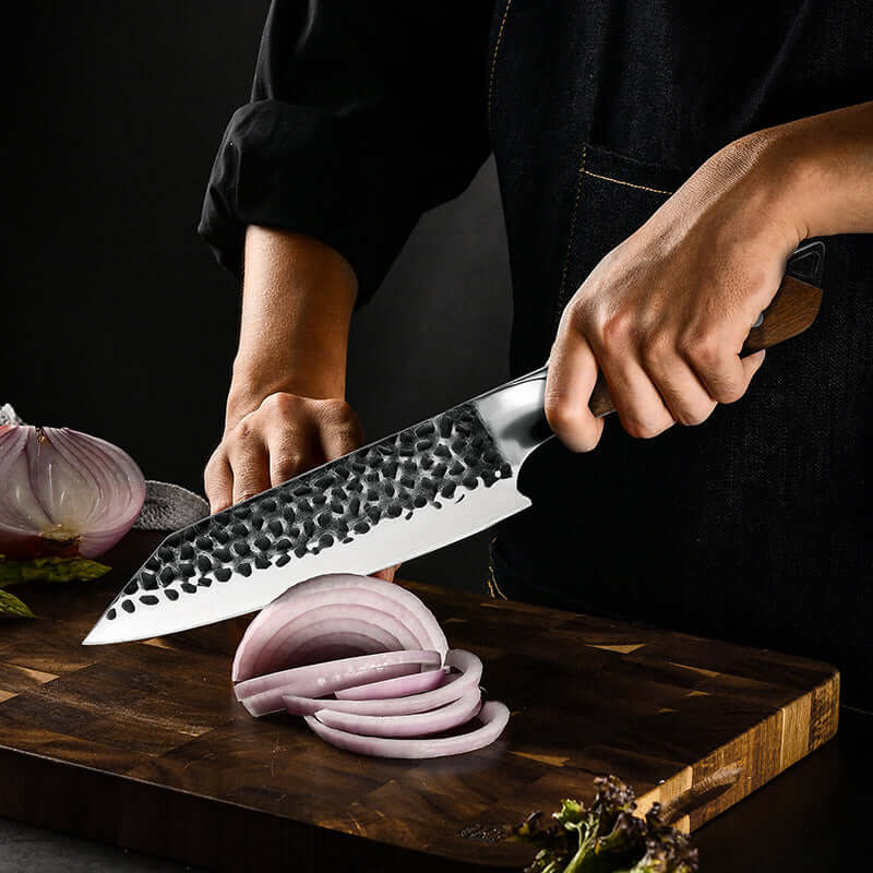 Cuchillo Kiritsuke "Cuchillo del Chef Japonés" 3 capas Palo Rosa 18 cm Martillado