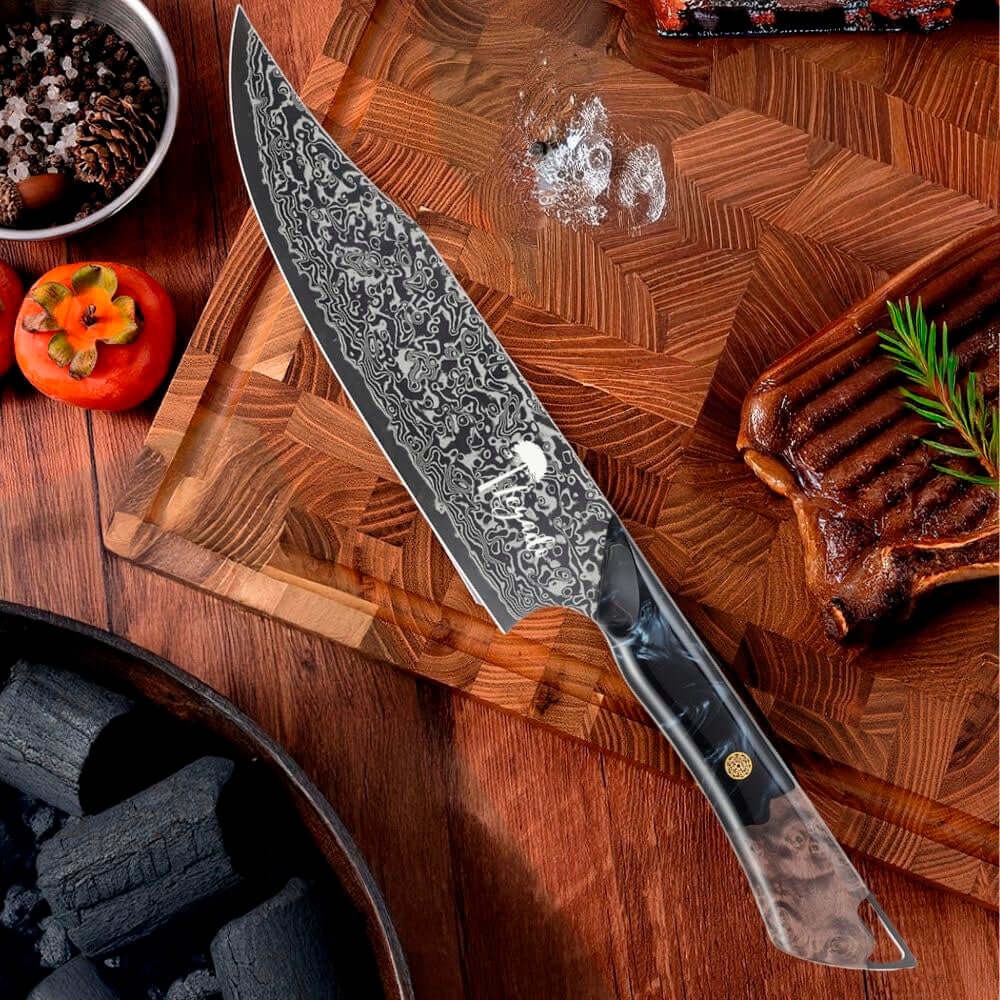 Cuchillo Parrillero Acero Damasco 67 capas hoja 20 cm - SALVAJE (7743104647270)