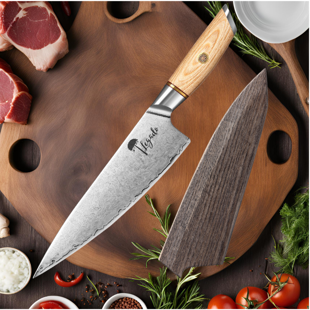 ANDES - Cuchillo Chef Asador hoja 21 cm Damasco 3 capas LEGADO + funda nogal GRATIS