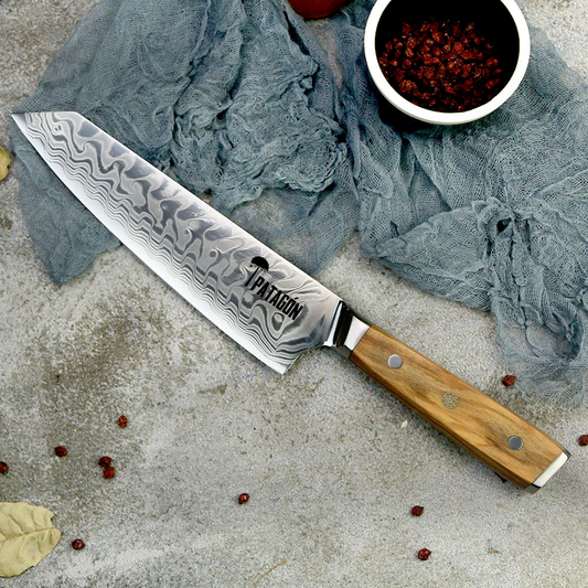 OLIVO - Cuchillo Kiritsuke Patagón Damasco 45 capas hoja ancha 20 cm
