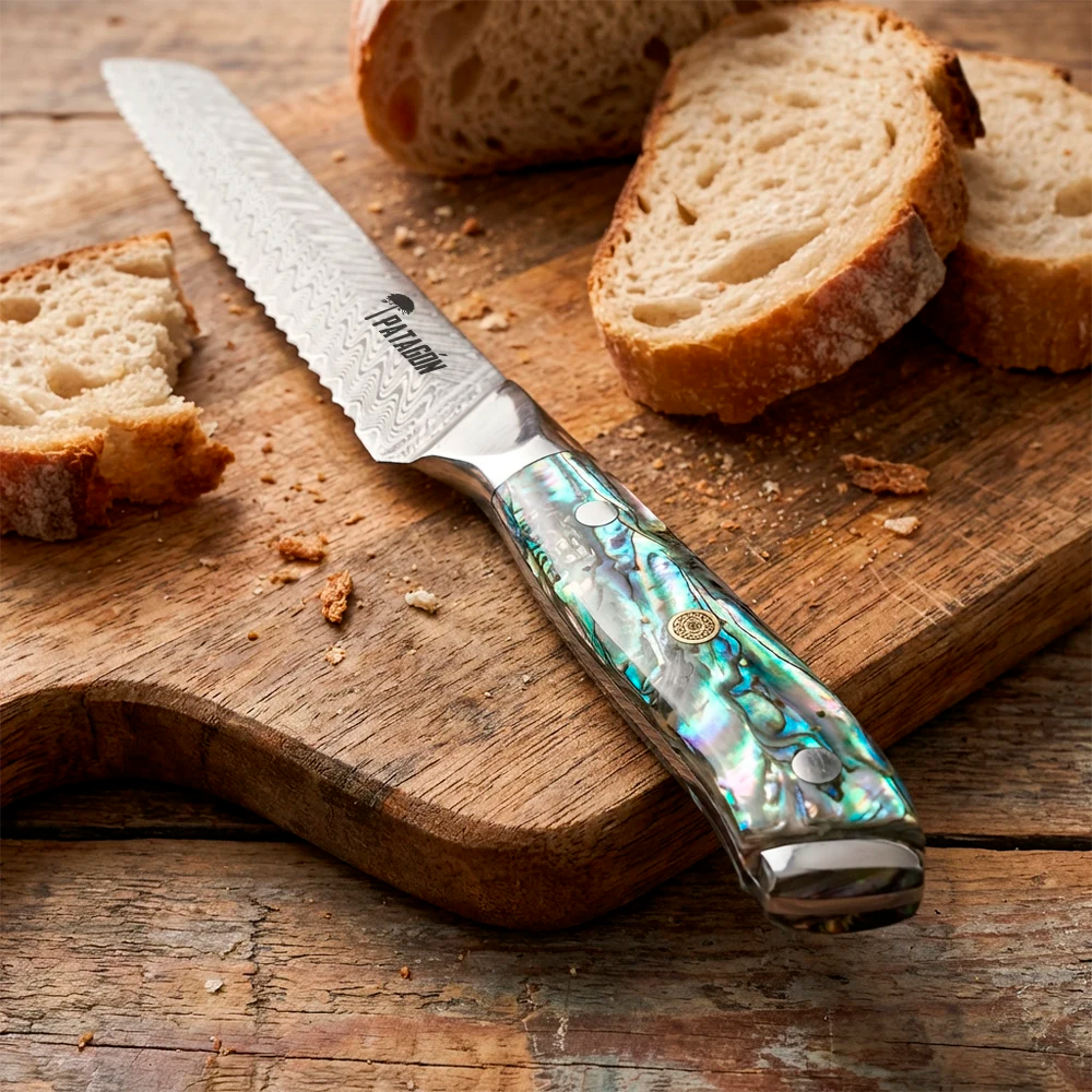 Cuchillo Pan Acero Damasco 67 capas Hoja 20 cm - NÁCAR DEL PACÍFICO (7990583984230)