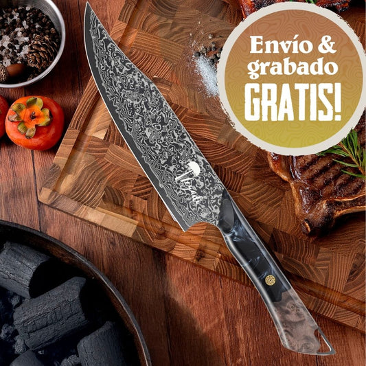 Cuchillo Parrillero Acero Damasco 67 capas hoja 20 cm - SALVAJE