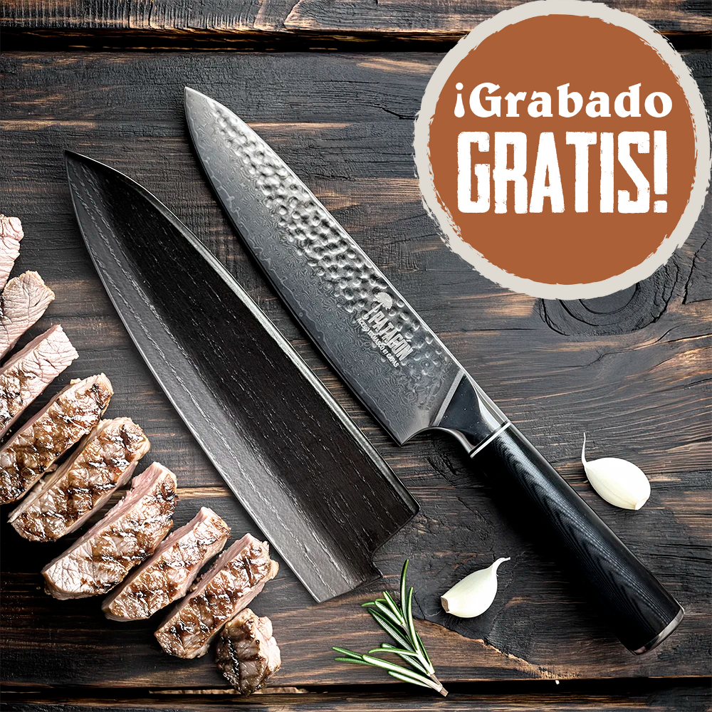 Cuchillo Chef Damasco 67 capas hoja 20 cm PATAGÓN - CARBONO MARTILLADO