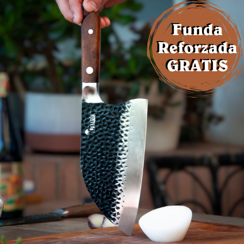 MONTAÑES - Serbio Hoja 18 cm ancha acero inox. martillado PATAGÓN + Funda reforzada GRATIS