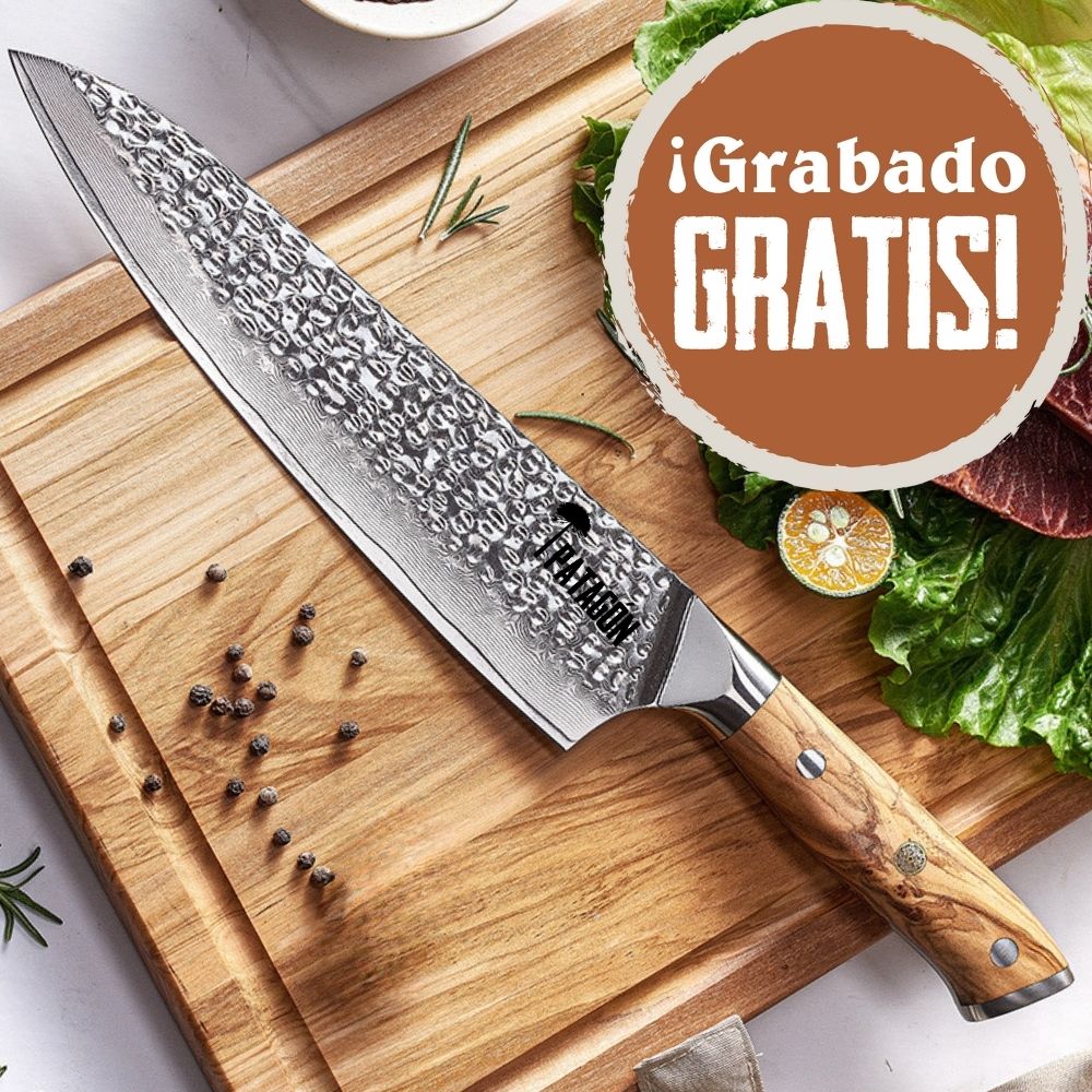Cuchillo Asador Acero Damasco 67 capas PATAGÓN - OLIVO MARTILLADO Con grabado GRATIS