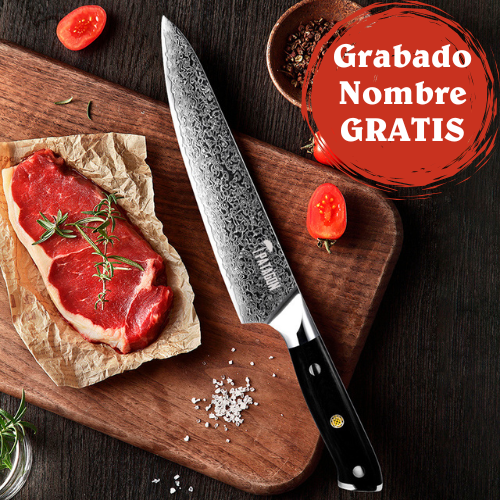 CARBÓN - Cuchillo Chef Acero Damasco 67 capas 20 cm PATAGÓN con caja regalo