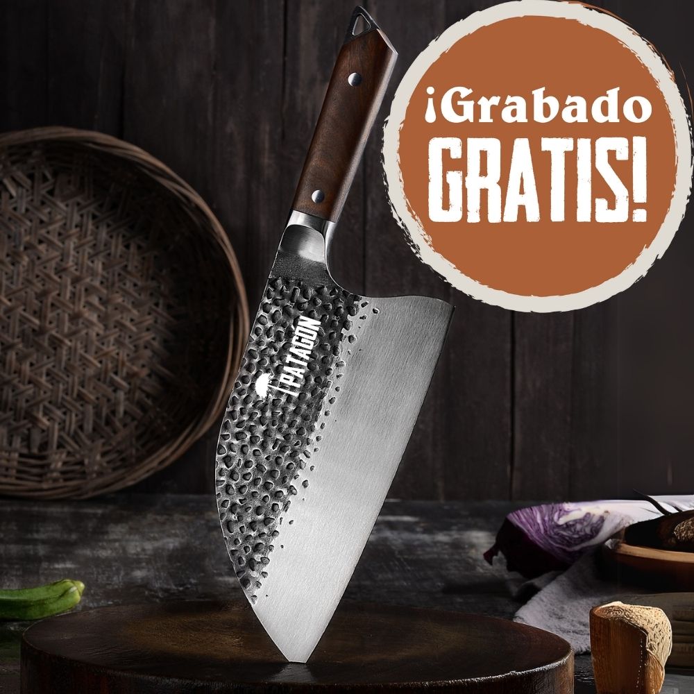 MONTAÑEZ - Serbio Hoja 18 cm ancha acero inox. martillado PATAGÓN + Funda reforzada GRATIS Con Grabado GRATIS