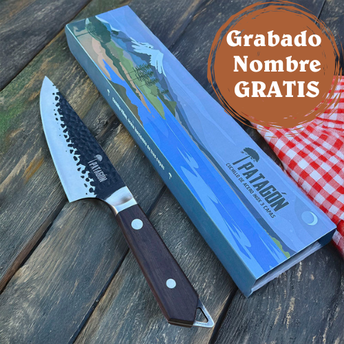 PIÑON - Cuchillo Parrillero inox. 3 capas hoja 20 cm Martillado PATAGÓN + GRABADO GRATIS