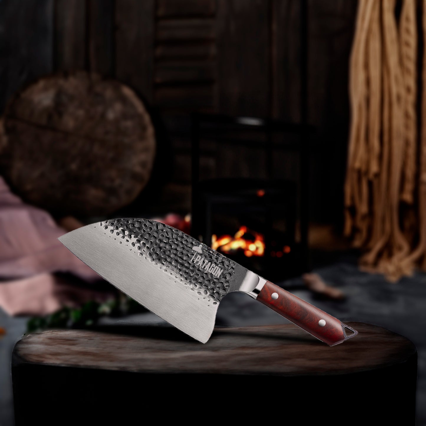 MONTAÑES - Serbio Hoja 18 cm ancha acero inox. martillado PATAGÓN + Funda reforzada GRATIS