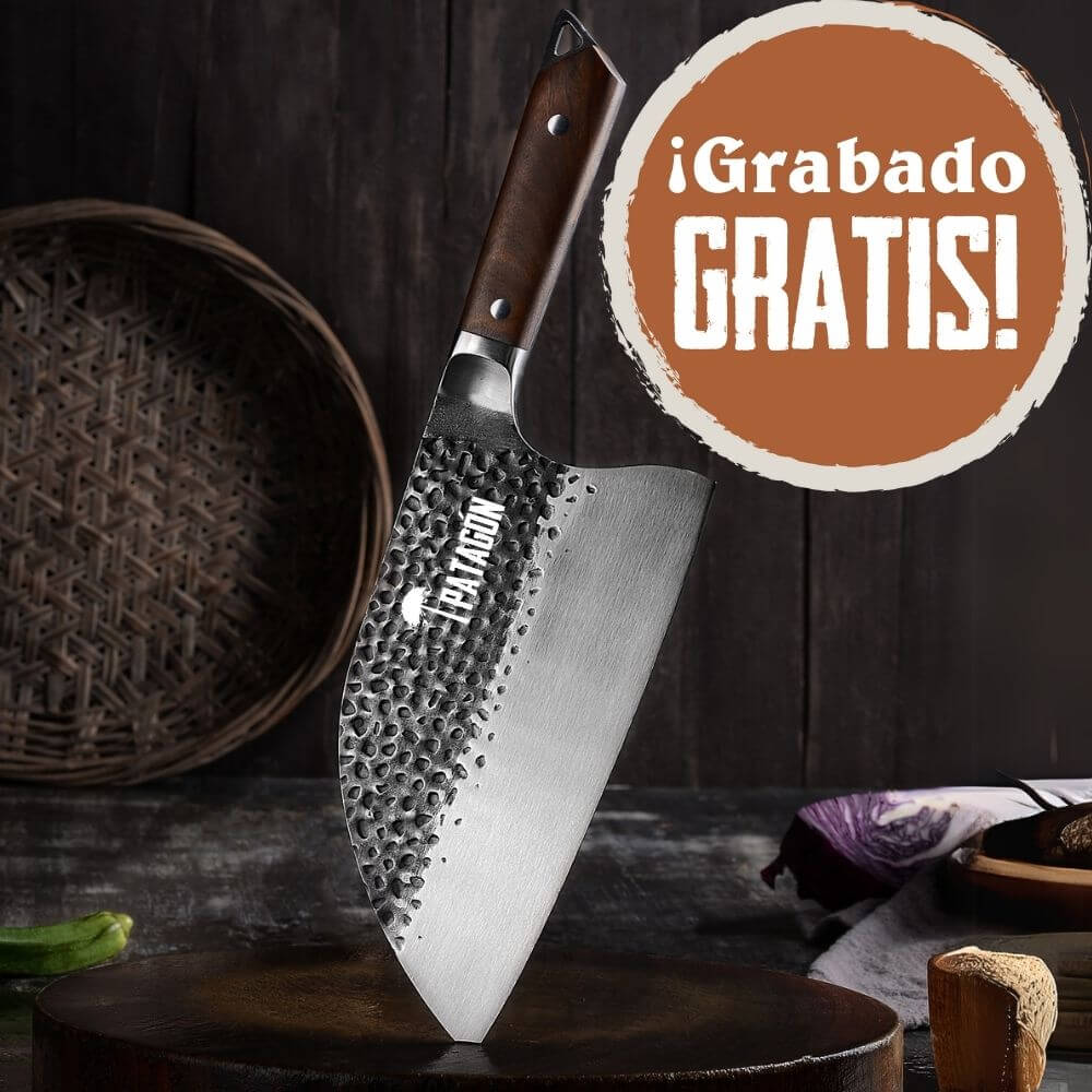 MONTAÑEZ - Serbio Hoja 18 cm ancha acero inox. martillado PATAGÓN + Funda reforzada GRATIS Con Grabado GRATIS