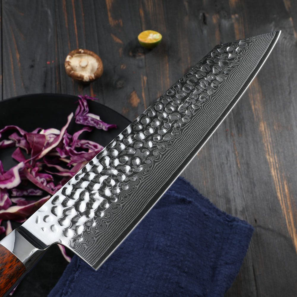 Cuchillo Kiritsuke Patagón Damasco 67 capas martillada hoja 20 cm