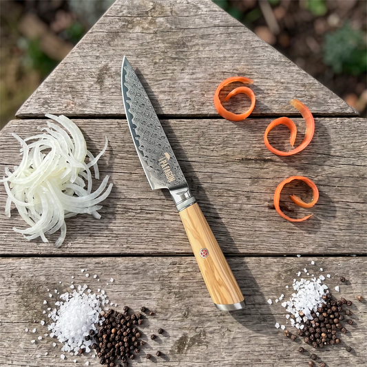 Cuchillo Utilitario Acero Damasco 67 capas hoja 13 cm - LLUVIA AUSTRAL