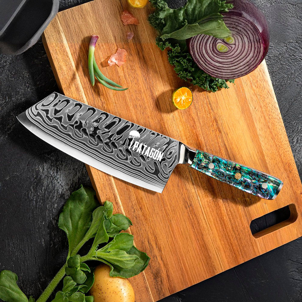 Hacha Acero Damasco 45 capas Patagón - NÁCAR DE MAR - Cuchillos Mundo Patagon