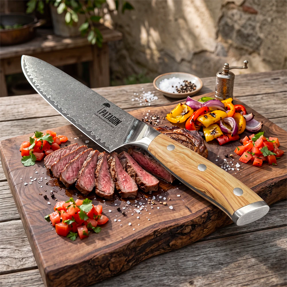 Cuchillo Parrillero Acero Damasco 67 capas - OLIVO GOTAS