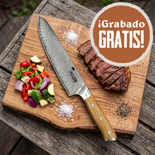OFERTA 18CHERA: Cuchillo Parrillero Acero Damasco 67 capas - OLIVO GOTAS