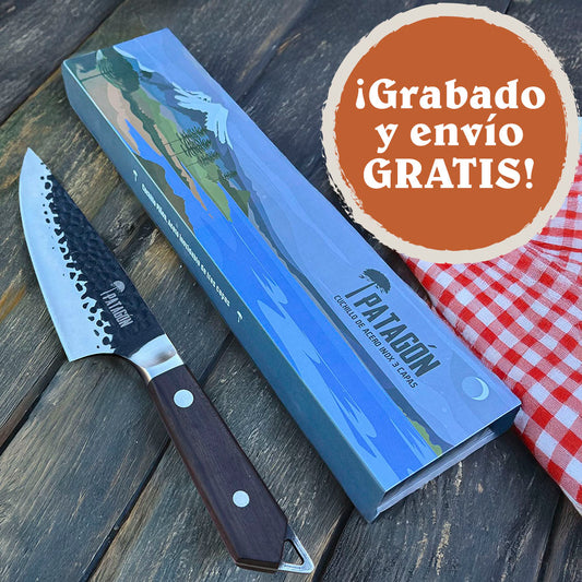 PIÑON - Cuchillo Parrillero inox. 3 capas hoja 20 cm Martillado PATAGÓN + GRABADO GRATIS
