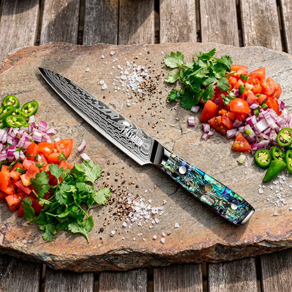 Cuchillo Puntilla Damasco 45 capas hoja 14 cm - NÁCAR DE MAR